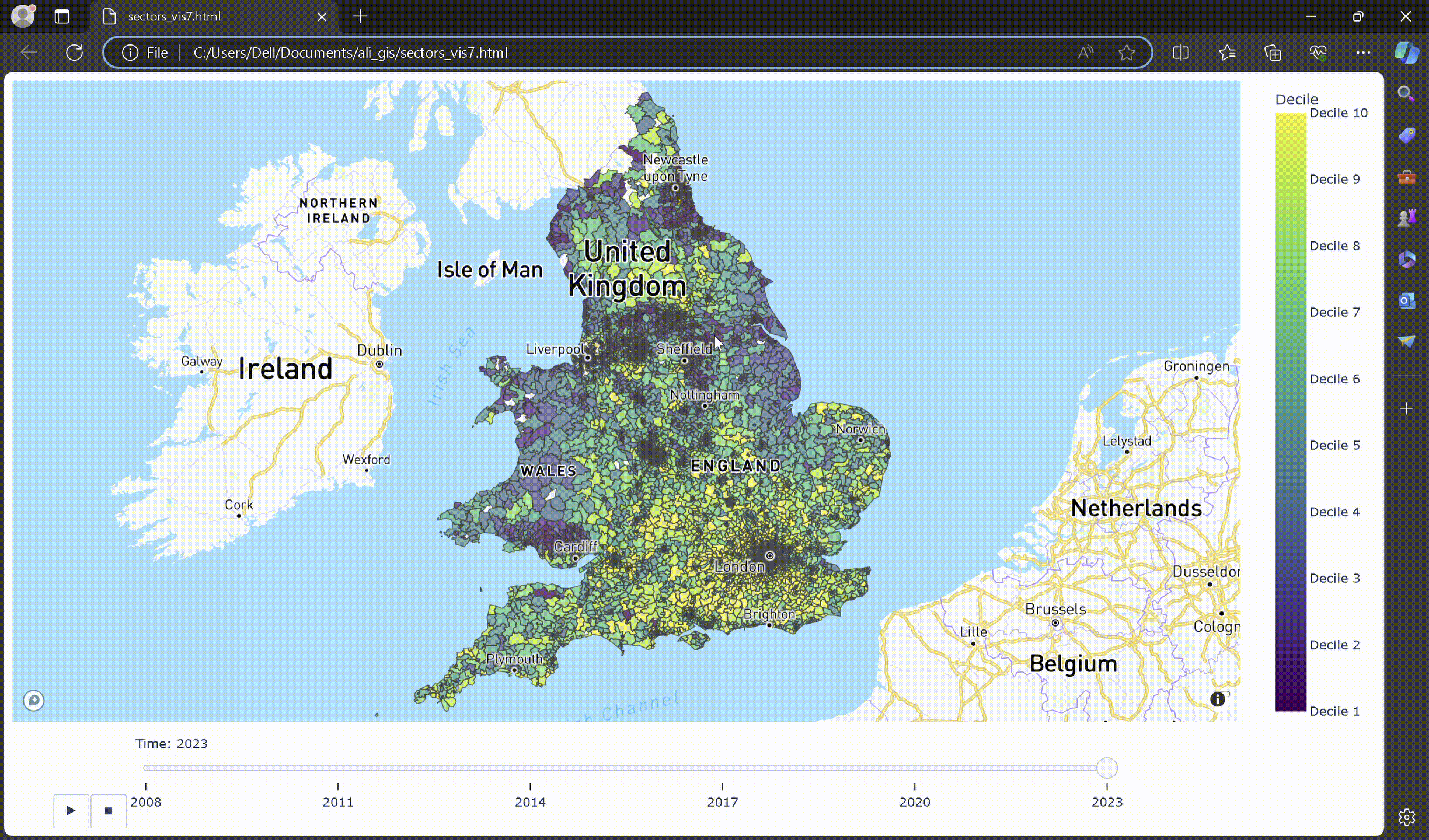 Postcode sectors indices animated interactive map